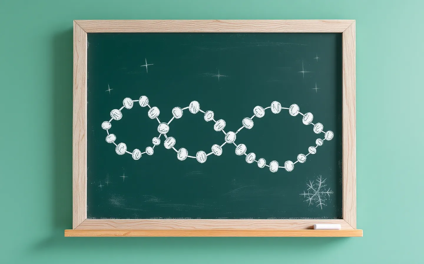 A hand-drawn chalkboard diagram of an abstract coiled fifteen-bead peptide chain in white chalk with teal and yellow accents and a chalk arrow, on a deep slate-green board